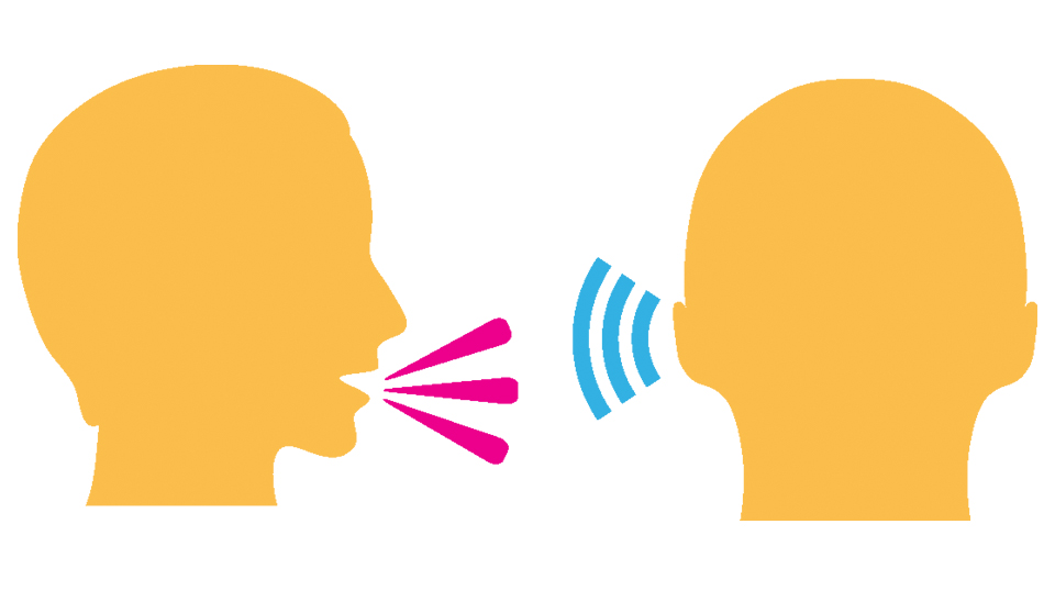 Desenho de uma interação entre duas pessoas: uma emite um som e a outra ouve.