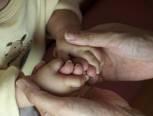Mãos de uma criança sendo seguradas pelas mãos de uma pessoa mais velha.